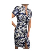 Theia Blue White Black Floral Faux Button Front Mandarin Collar Sheath D... - $81.86