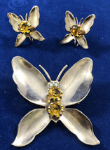 Vintage Unsigned Butterfly Earrings &amp; Brooch Set Yellow Stone Gold Tone Nice - £15.02 GBP