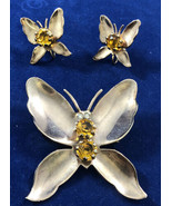 Vintage Unsigned Butterfly Earrings &amp; Brooch Set Yellow Stone Gold Tone ... - £14.70 GBP