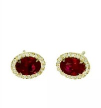 1.5ct Oval Pink Ruby Simulated Diamond Halo Stud Earrings 14k Yellow Gold Plated - £49.27 GBP