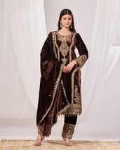Brown Velvet Suit Set with Velvet Dupatta,partywear suit set for eid fes... - $75.00