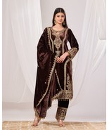 Brown Velvet Suit Set with Velvet Dupatta,partywear suit set for eid fes... - $75.00