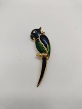 Vintage Enamel Gold Tone Parrot Brooch Pin Rhinestone Eyes Shimmer Bird Blue - £9.30 GBP