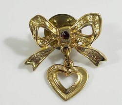 Bow Brooch Red Stone Pin Dangly Open Heart Charm - $9.89