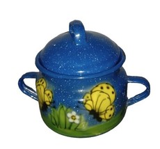Vintage Blue Speckled Enamelware Sugar Bowl Camping Farmhouse Painted Bu... - $279.59 MXN