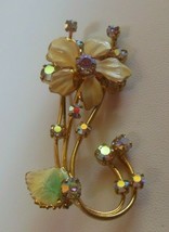 Vintage Signed Austria Gold-tone Aurora Borealis Rhinestone Enamel Flower Brooch - £33.92 GBP