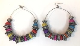 Huge Boho Hoop Earrings Colorful Beads and Silver Tone - $8.00