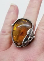 Large Vintage Sterling Silver Natural Amber Gemstone Ring - £87.36 GBP