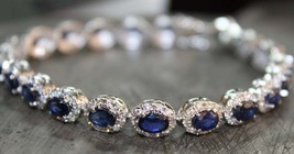 Blue Sapphire Cluster Bracelet 13 Ct Sapphire Sterling Silver Bracelet Men Women - £172.26 GBP