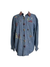 Vtg Teddi Womens Blouse Size Medium Shirt Denim Embroidered Canoe Teepee Stars - £11.62 GBP