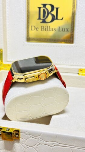 24k Gold Plated Apple Watch ULTRA 2 49mm Red Leather Band 24k Gold Buckle Item image 13
