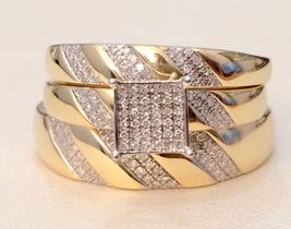 Round Diamond 14K Yellow Gold Over Engagement Ring Mens Womens Wedding Trio Set - £104.65 GBP