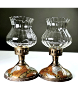 Vintage Brass Enamel Paint Candlestick Holder With Clear Glass Hurricane... - $82.29 CAD