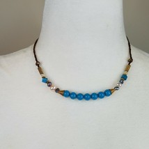 Bead Metal Spring 16&quot; Necklace Faux Turquoise Pearl Gold Tone - $4.94