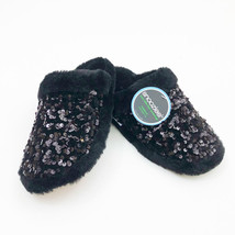 Snoozies Women&#39;s Black Sequin Glam Slide Slippers Med 7/8 Non Skid Soles - $14.84