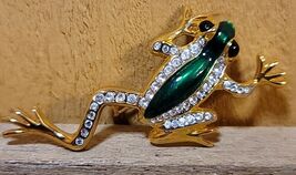 Vintage Gold Tone Crystal Green Enamel Frog Brooch Pin Lucky Symbol Animal  - $27.10