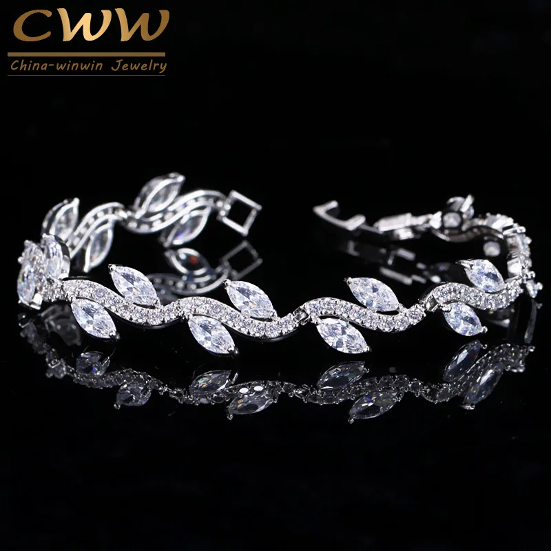High Quality White Gold Color Women Cubic Zirconia Leaf Shaped Fashion Bridal We - £18.02 GBP
