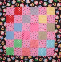 Cupcake Baby Quilt Cupcakes Pink Cherries Red Yellow Purple Aqua Lime Blue - £59.73 GBP
