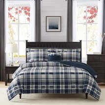 Full Size Comforter Set Navy Blue, Plaid Design Comforter Set 7 Pieces, ... - $118.99