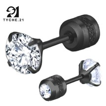 Black Stud Earrings Surgical Steel Screw Back Cubic Zircon Crystal For Women Men - £7.09 GBP+