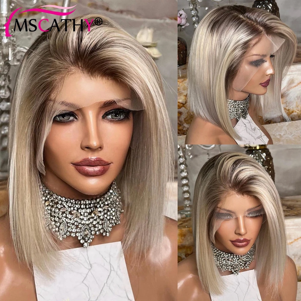 Mscathy Ombre Ash Blonde Colored Short Bob 13x4 Lace Front Wig Glueless Human - £101.31 GBP+