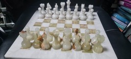 White Marble Chess Set with Pieces Green Onyx Stone Inlaid Handmade Gift - £396.12 GBP