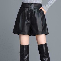 Wide Leg Black Leather Shorts Women Elastic Waist Casual Wear Stylish Shorts - £68.67 GBP