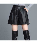 Wide Leg Black Leather Shorts Women Elastic Waist Casual Wear Stylish Sh... - €75,09 EUR