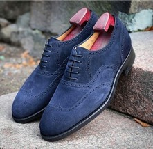 NEW Handmade Blue Color Men&#39;s Suede Shoes, Men Lace Up Brogue Wing Tip Formal Sh - $143.99