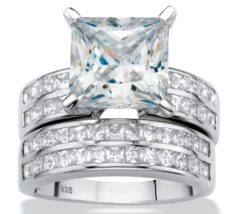 Princess Cz Bridal Jacket 3 Ring Set Band Platinum Sterling Silver 6 7 8 9 10 - £399.59 GBP