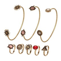 17KM Vintage Sun Flower Jewelry Sets For Woman Open Cuff Bangles Adjustable Ring - £10.52 GBP