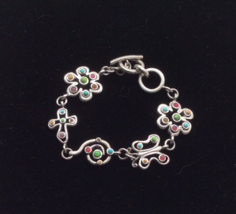 Vintage BARSE 925 Sterling Silver Flower Butterfly Cross w/ Stones Link Bracelet - £100.68 GBP