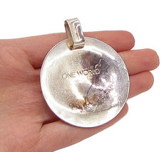 925 Sterling Silver  Vintage One World Concave Plate Drop Pendant  PT2336 - $110.99