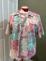 90s Women’s Vintage Miami Vice Blouse Monstera Floral Blue Pink Plant Shirt - £11.86 GBP