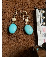 Hand Crafted Artisan Dangle Drop Earrings Simulated Turquoise and Pearl ... - £6.33 GBP