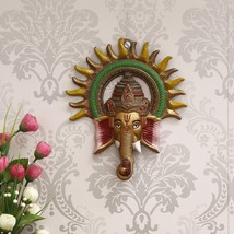 Colorful Lord Ganesha Face Idol with Sun Metal Wall Hanging Sculpture Decorative - £28.68 GBP