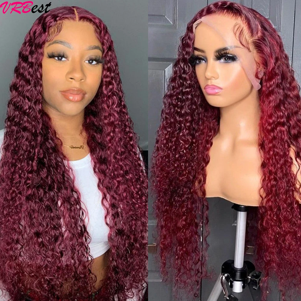 99J Colored Lace Front Human Hair Wigs Deep Wave Burgundy 13x4 HD Transpare - £207.93 GBP