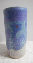Studio Art Pottery Vase Hand Thrown Tubular Blues Purple Cream SIGNED Quality Pc - £39.50 GBP