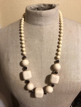 Vintage 1980&#39;s Ivory Plastic Chain Necklace with Wooden Beads - $14.85
