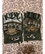 Punk Skulls Rivet Pu Leather Gloves Black Medium Studded Half Finger Dri... - £10.80 GBP