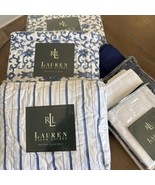 Vtg New Ralph Lauren Porcelain Rosette &amp; Stripe Blue Twin Sheet Set USA ... - $188.05