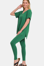 Zenana Full Size V-Neck Rolled Short Sleeve T-Shirt and Leggings Lounge Set - $31.62