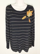 Monroe &amp; Main Black Gold Metallic Stripe Sweater Sequin Applique Long Sleeve L - £4.78 GBP