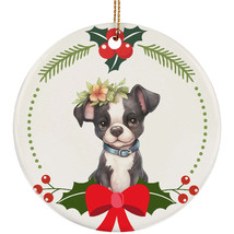 Cute Boston Terrier Dog Puppy Head Flower Wreath Christmas Ornament Ceramic Gift - £11.86 GBP
