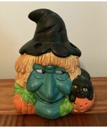 Vintage Halloween Witch Candle Holder Hand Painted Black Cat Jack O Lantern - €10,99 EUR