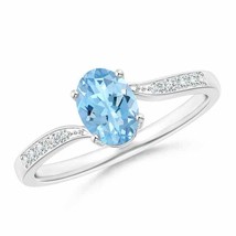 ANGARA 7x5mm Natural Aquamarine Ring with Pave Diamonds in Sterling Silver - £269.22 GBP+