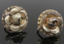 MEXICO 925 Sterling Silver - Vintage Sculpted Flower Non Pierce Earrings... - $46.47