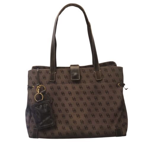 Dooney &amp; Bourke DB Leather Handle Tote Bag Gray Monogram Logo Canvas 16 ... - $40.21