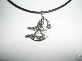 Witch Riding Her Broomstick W Cat And Moon Pewter Pendant Adj Cord Necklace - £6.28 GBP
