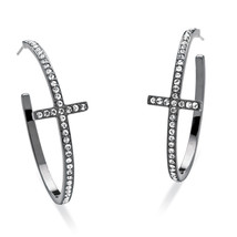 PalmBeach Jewelry Crystal Black Rhodium-Plated Curved-Cross Hoop Earring... - £23.29 GBP